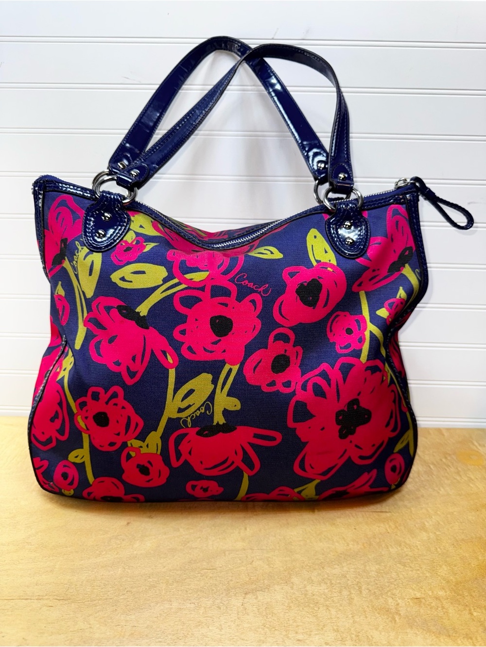 Coach Hallie Poppy Navy Floral Shoulder Bag with Hot Pink & Lime Accents - Picture 3 of 14